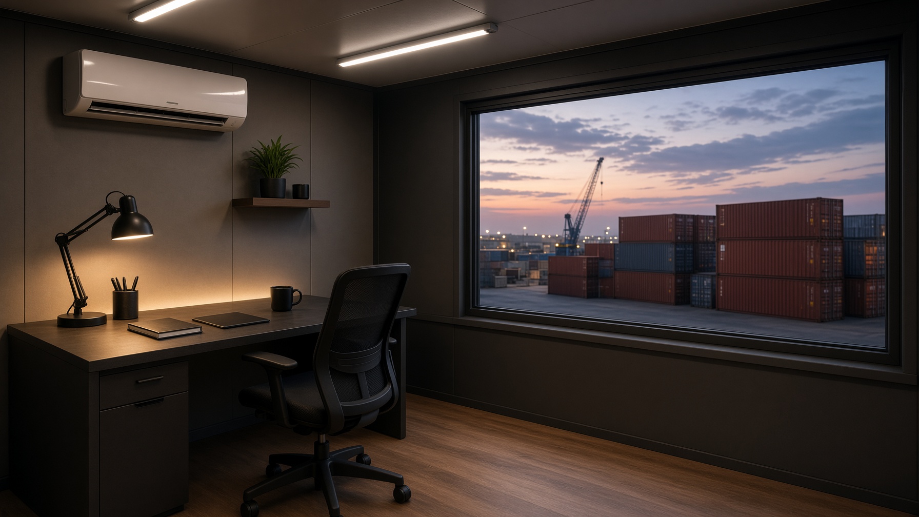 Fitted interior of a portable office cabin overlooking a container yard