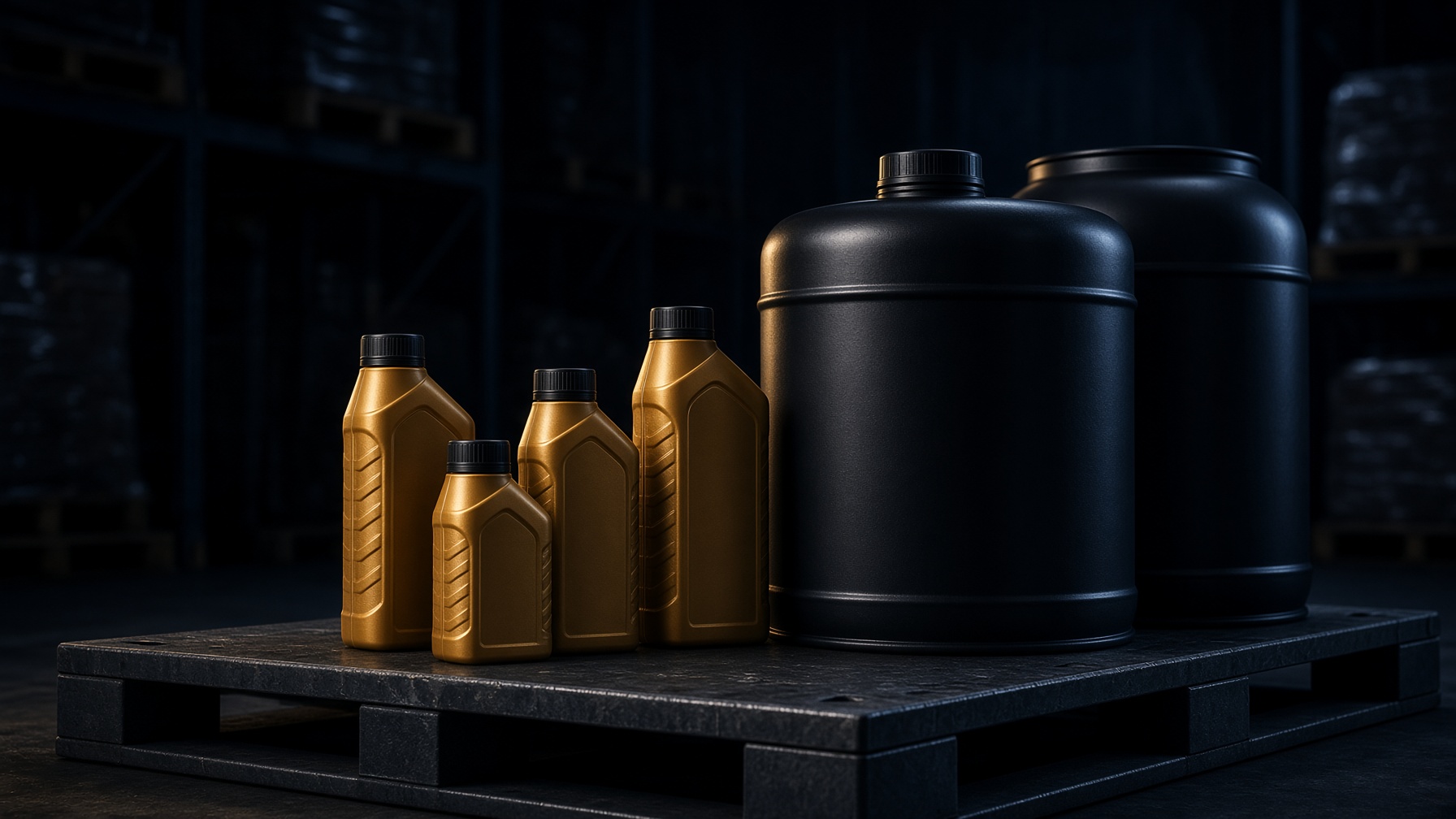 Premium motor oil bottles and bulk drums in a dark wholesale warehouse