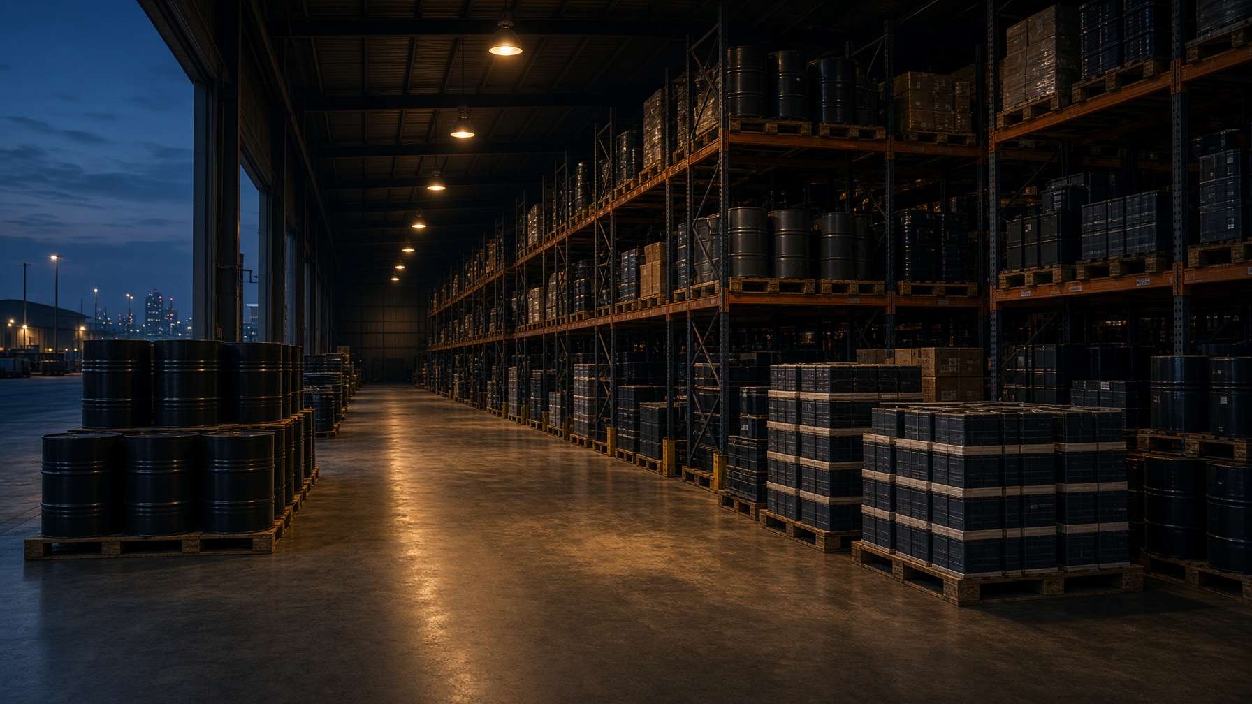 Auto-parts wholesale warehouse with oil drums and battery pallets